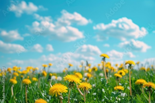 Vibrant meadow field with dandelion flowers under blue sky.