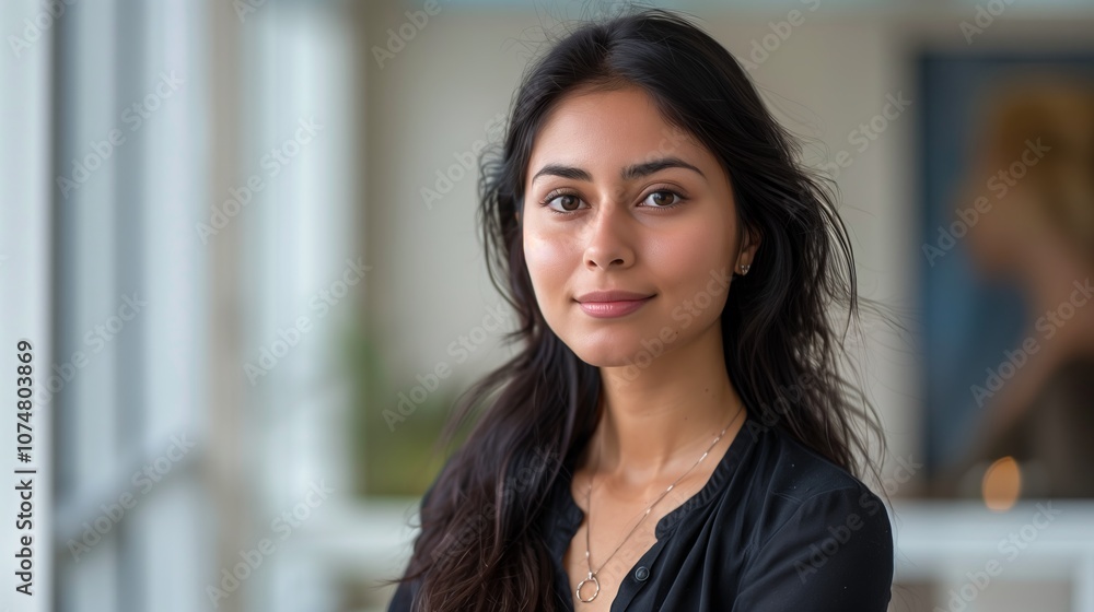 Minimalistic portrait of young professional woman in office setting for business and career concepts Minimalistic portrait of young professional woman in office setting for business and career concepts