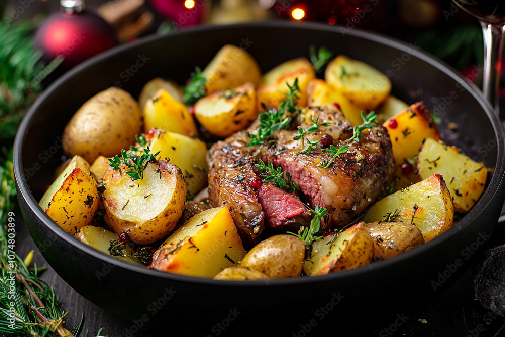Delicious roasted meat and potatoes served in a festive setting Delicious roasted meat and potatoes served in a festive setting