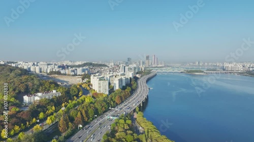 Wallpaper Mural Drone View of Seoul city in Sunrise of Dongjak-gu, Han River, Autumn, 60fps Torontodigital.ca