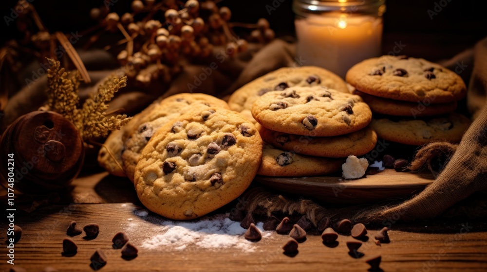 Chocolate Chip Cookies on a Rustic Table Chocolate Chip Cookies on a Rustic Table