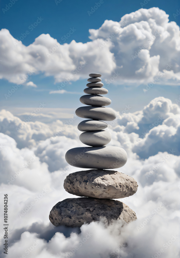 Fototapeta premium balancing stack of zen stones above the fluffy white clouds