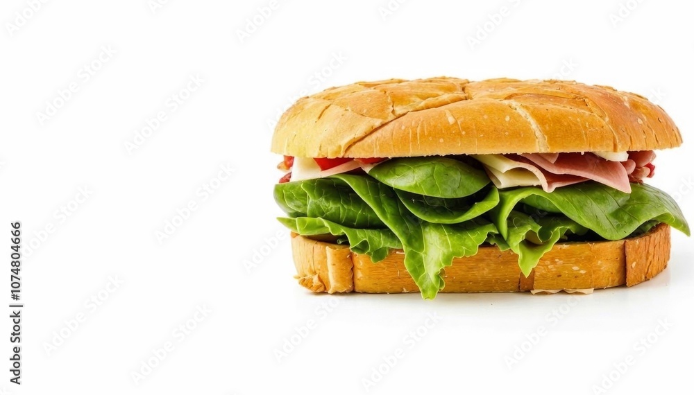 A juicy and delicious sandwich featuring ham, cheese, lettuce, and salad, presented on a white background.
A juicy and delicious sandwich featuring ham, cheese, lettuce, and salad, presented on a white background.
