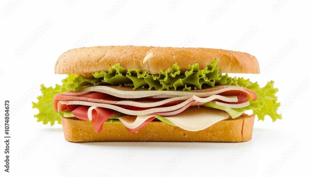 A juicy and delicious sandwich featuring ham, cheese, lettuce, and salad, presented on a white background.
A juicy and delicious sandwich featuring ham, cheese, lettuce, and salad, presented on a white background.