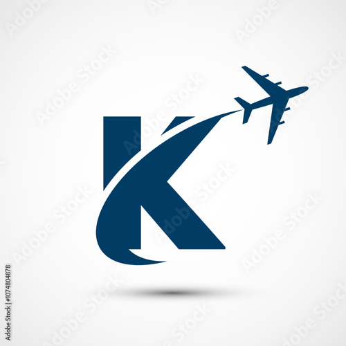 Alphabet K with aero plane. Travel icon. Aviation logo sign, Flying symbol. Flight icon
