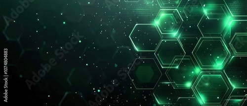 A digital design featuring glowing green hexagons against a dark background, evoking a futuristic and tech-inspired aesthetic.