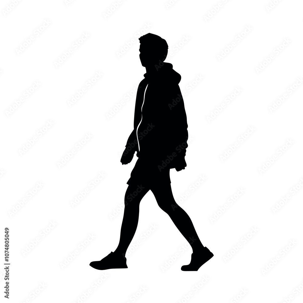 a silhouette of a person walking in a sporty outfit, such as a track jacket and shorts