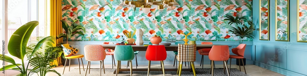 Colorful Dining Room with Tropical Wallpaper and Modern Chairs Colorful Dining Room with Tropical Wallpaper and Modern Chairs