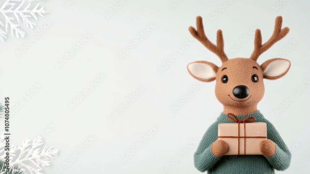 A cute plush reindeer holds a gift, set against a soft, wintry background, embodying holiday charm and festive spirit. A cute plush reindeer holds a gift, set against a soft, wintry background, embodying holiday charm and festive spirit.