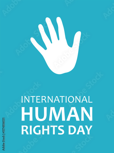 Text International Human Rights Day and human handprint on blue background. Vector design for banner or poster for International Human Rights Day.