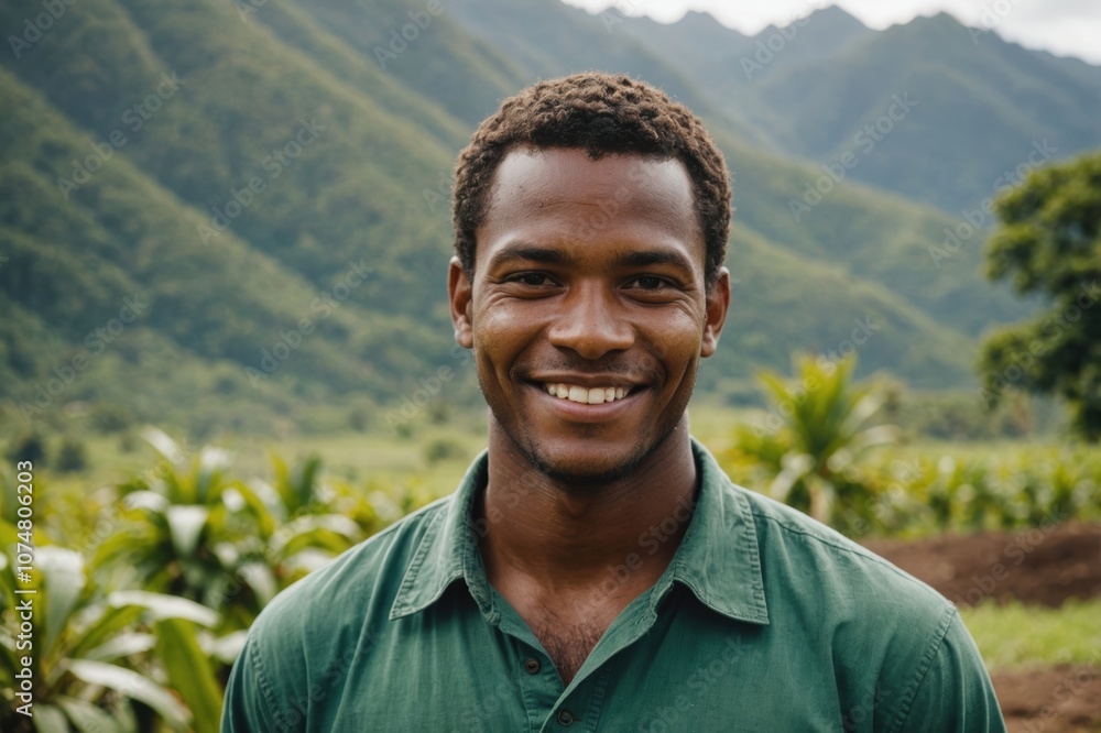 Close portrait of a smiling young Solomon Islander male farmer standing and looking at the camera, outdoors Solomon Islander rural blurred background Close portrait of a smiling young Solomon Islander male farmer standing and looking at the camera, outdoors Solomon Islander rural blurred background