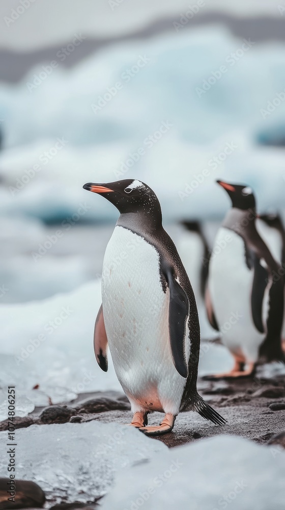 Obraz premium Gentoo penguin walking on ice in antarctica with icebergs in background