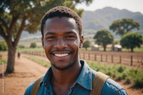 Close portrait of a smiling young South African male farmer standing and looking at the camera, outdoors South African rural blurred background