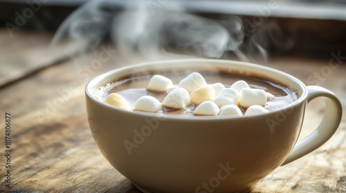 A steaming cup of hot chocolate topped with fluffy marshmallows on a wooden surface.