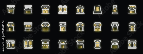 Collection of bright neon architectural column icons illuminating black background, representing diverse classical and modern styles