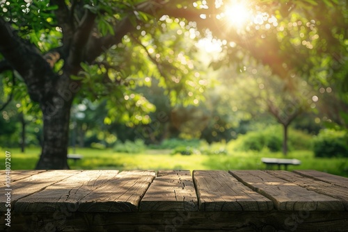 Wood table for food product display in nature background.