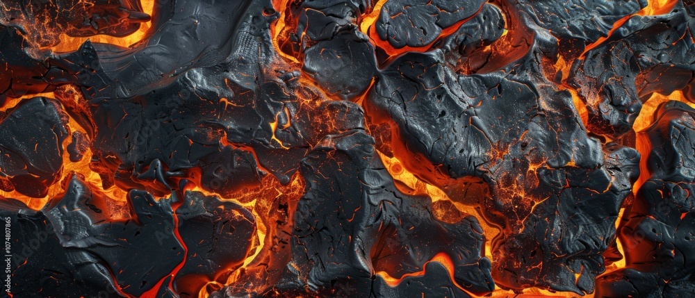 Close-up view of vibrant red molten lava with black crusts forming, detailed texture and patterns, showcasing intense and dynamic nature of a lava flow. Close-up view of vibrant red molten lava with black crusts forming, detailed texture and patterns, showcasing intense and dynamic nature of a lava flow.