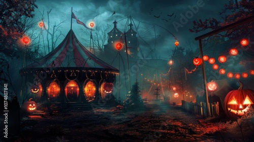 A spooky Halloween scene: "Harvest Moon" marquee, pumpkin lanterns, red lanterns, Ferris wheel, bats, misty night sky. Festive and eerie ambiance captured in the image.