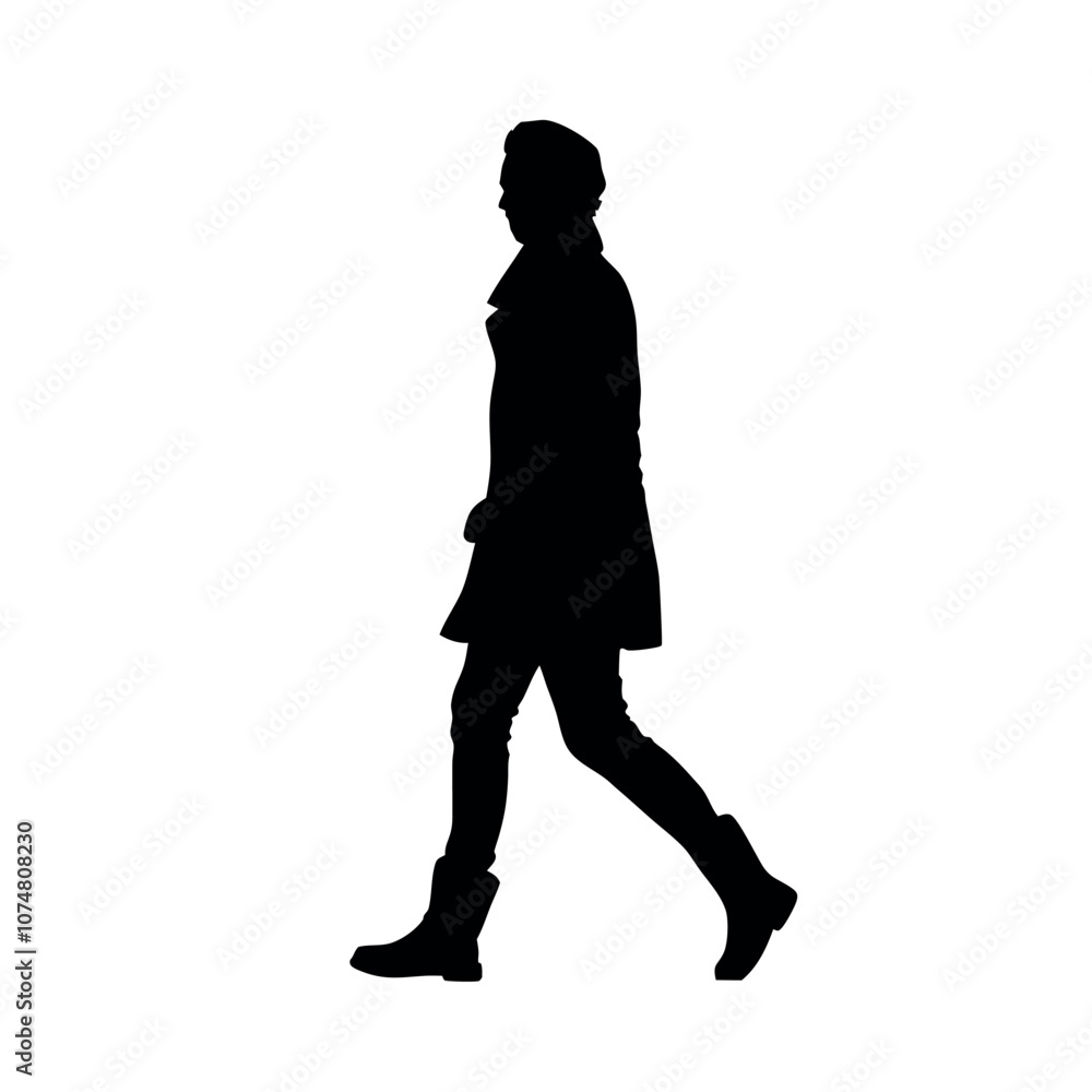 a silhouette of a person walking in a stylish trench coat and boots