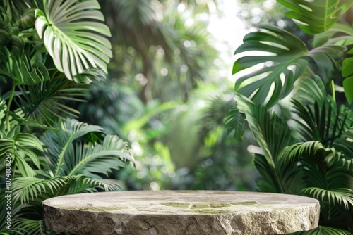 Stone podium with Monstera plant in tropical forest background. photo