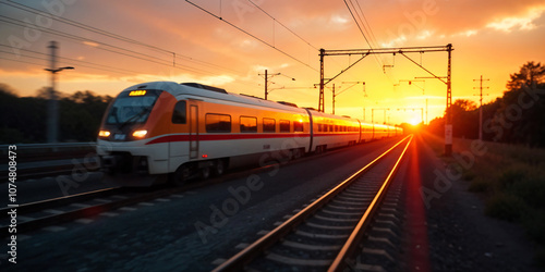 An atmospheric image capturing a speeding train during sunset at a modern train station, highlighting the themes of travel, movement, and urban life with a warm glow of sunlight.