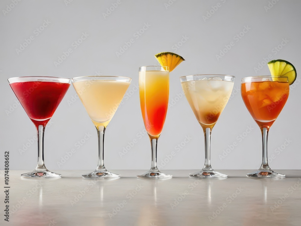 A vibrant selection of five cocktails, each uniquely garnished, displayed in clear glasses against a neutral background A vibrant selection of five cocktails, each uniquely garnished, displayed in clear glasses against a neutral background