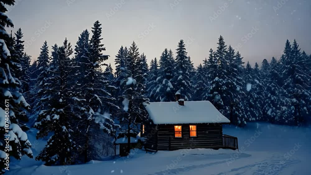 A cozy cabin illuminated at dusk, surrounded by tall snow-covered pine trees. A cozy cabin illuminated at dusk, surrounded by tall snow-covered pine trees.