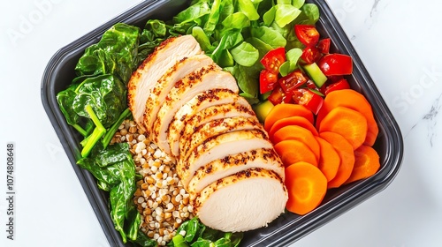 A nutritious meal prep with grilled chicken, vibrant vegetables, and wholesome grains. photo