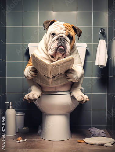Bulldogge sitzt auf der Toilette und liest Zeitung, Toilettenbilder mit Hund, Haustier Portrait Toilettenschild, Lustige Toiletten Regeln mit einem Hund, 