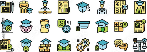 Icons depicting scholarship programs, financial aid, educational savings, student loans, grants, and investment opportunities for students pursuing higher education