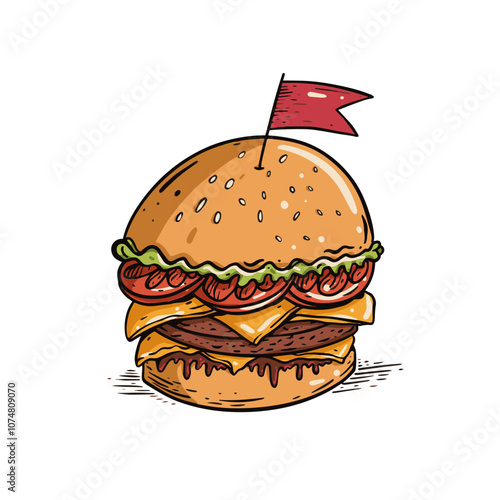 A Beautifully Illustrated and Delicious Burger Complete with Various Toppings and a Flag