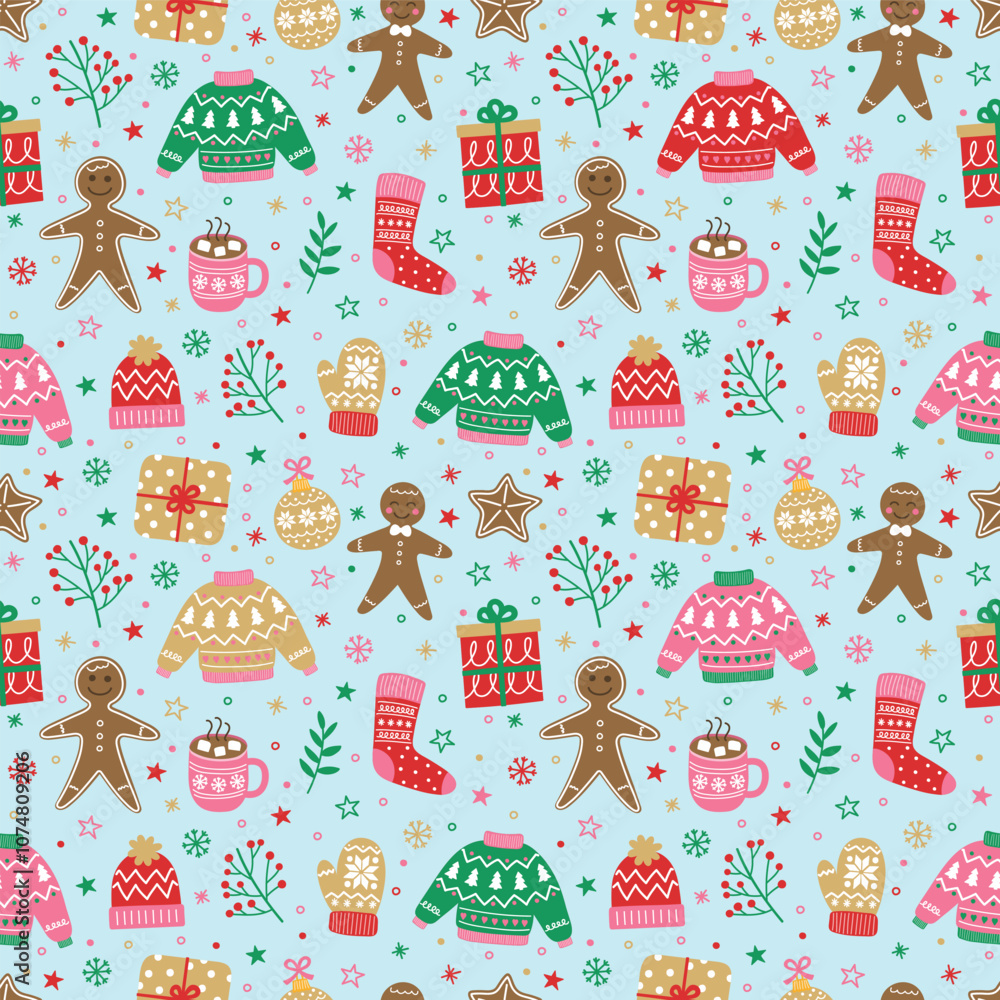 Fototapeta premium Christmas background. Colourful cute cartoon ornament. Seamless texture. Vector illustration