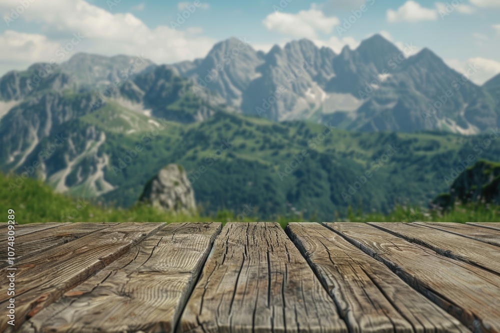 Fototapeta premium wooden table top with the mountain landscape