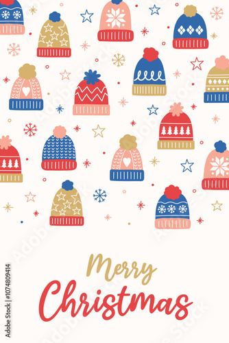 Christmas greeting card in retro style. Poster with hand drawn winter hats. Vector illustration