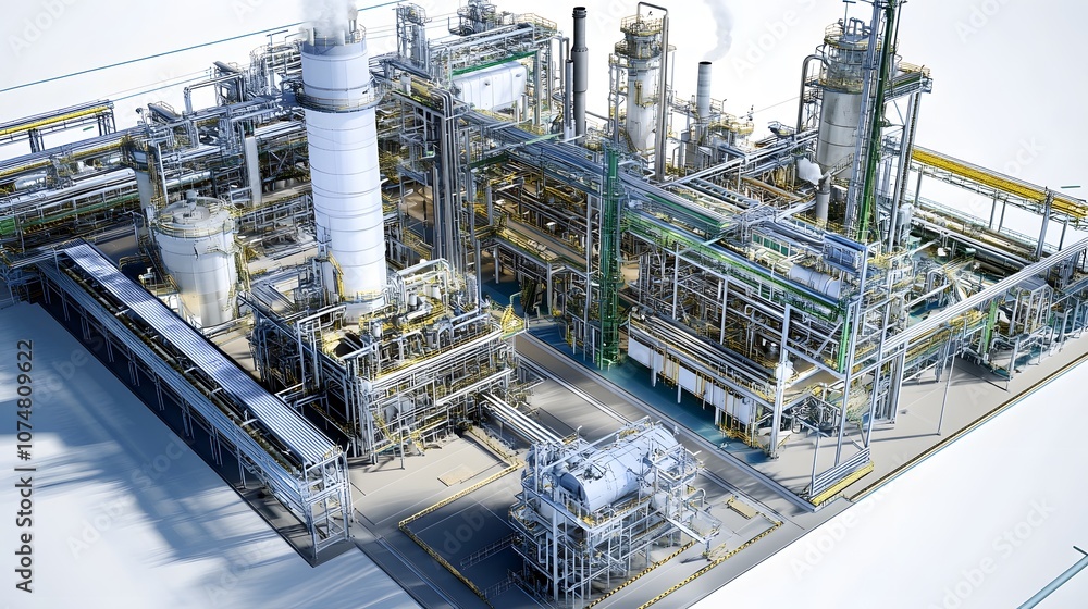 A large industrial plant with many tanks and pipes. The image is a 3D rendering of the plant A large industrial plant with many tanks and pipes. The image is a 3D rendering of the plant