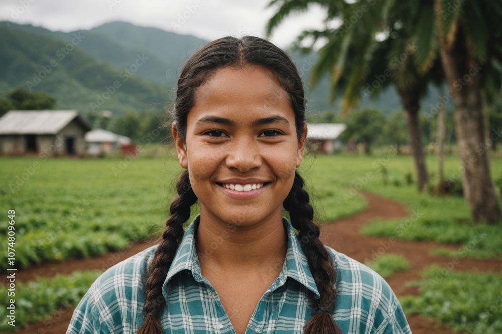 Close portrait of a smiling young Tongan female farmer standing and looking at the camera, outdoors Tongan rural blurred background Close portrait of a smiling young Tongan female farmer standing and looking at the camera, outdoors Tongan rural blurred background