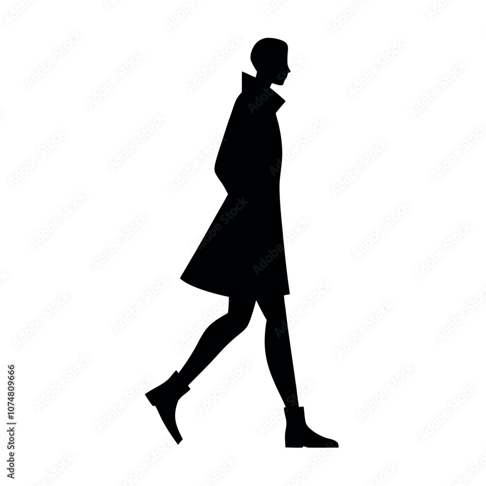 Fototapeta premium a silhouette of a person walking in a stylish trench coat and boots