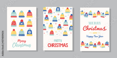 Colourful Christmas greeting card set with cute winter hats. Poster with festive decoration. Vector illustration