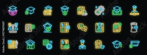Neon icons representing various aspects of scholarship and financial aid, including education savings, loan agreements, and academic achievement