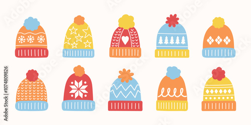 Colourful cartoon winter hat set. Christmas elements. Vector illustration