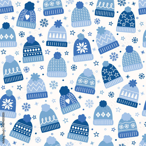 Colourful cartoon winter hat background. Christmas seamless pattern. Vector illustration