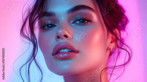 Woman Portrait with Blue and Pink Neon Lights, 3D Illustration