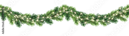 Seamless decorative christmas border with lights garland and coniferous branches isolated on transparent background	
