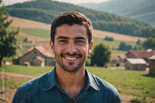 Close portrait of a smiling young Turkish male farmer standing and looking at the camera, outdoors Turkish rural blurred background