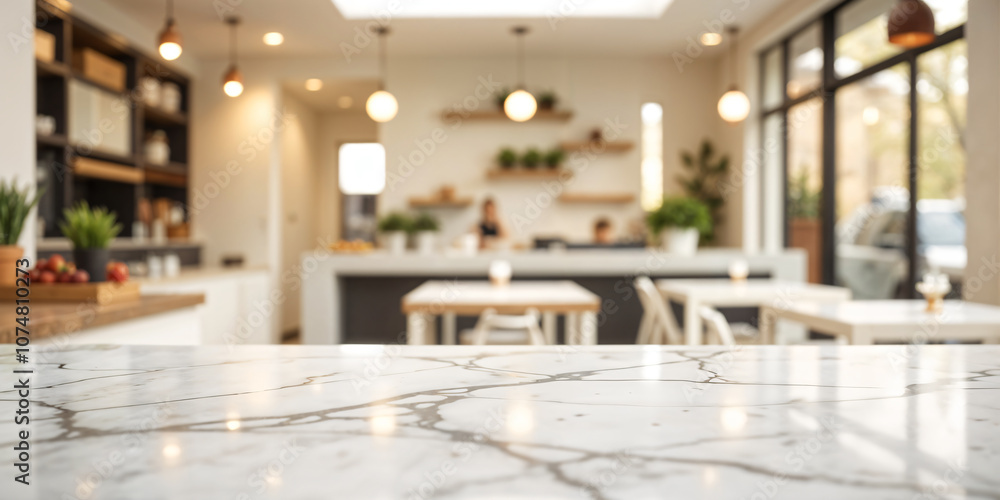Empty white table top, counter, desk background over blur perspective bokeh light background, White marble stone table, shelf and blurred kitchen restaurant for food, product display mockup, template Empty white table top, counter, desk background over blur perspective bokeh light background, White marble stone table, shelf and blurred kitchen restaurant for food, product display mockup, template
