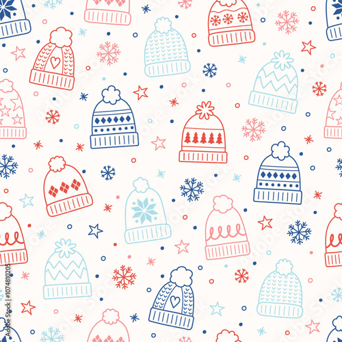 Colourful seamless pattern with cute cartoon winter hats. Vector illustration