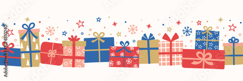 Colourful Christmas banner with cute cartoon gift boxes. Vector illustration