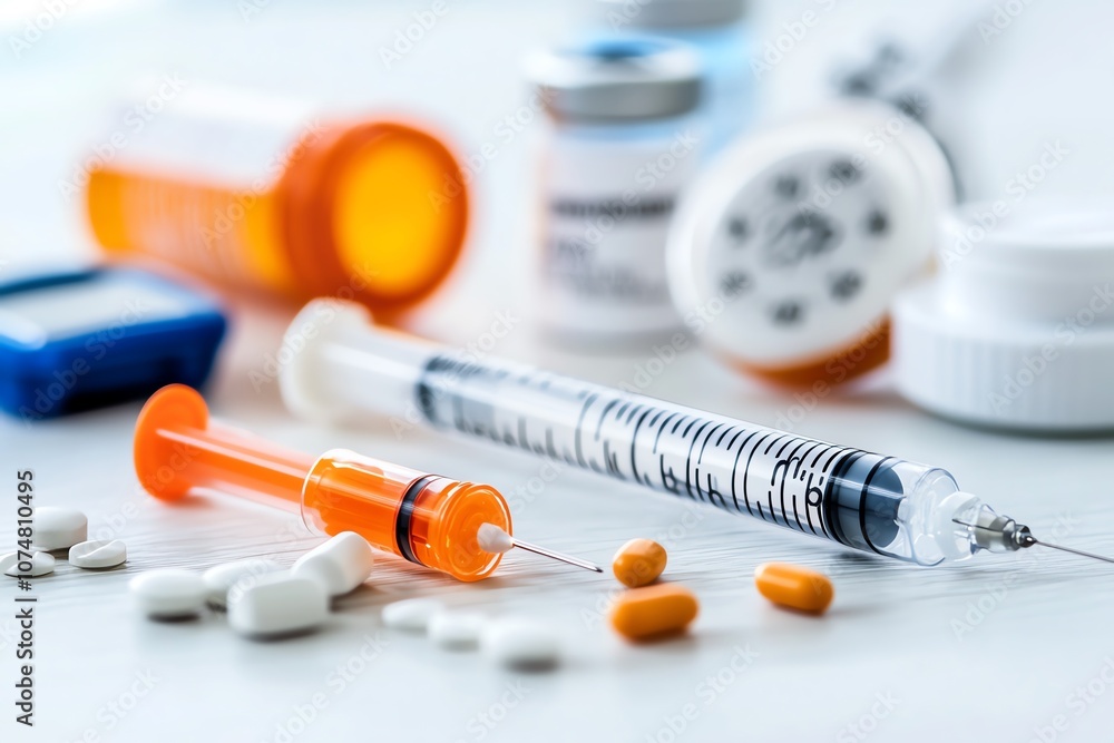 Close-up of medical supplies including syringes, vials, and pills on a clean surface. Close-up of medical supplies including syringes, vials, and pills on a clean surface.