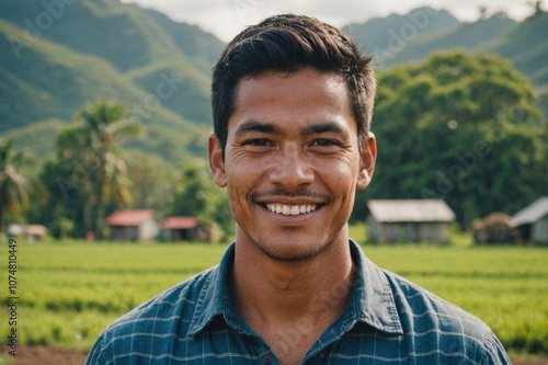 Close portrait of a smiling young Tuvaluan male farmer standing and looking at the camera, outdoors Tuvaluan rural blurred background