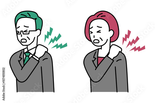 肩こりがつらい中年のスーツの男女　セット
